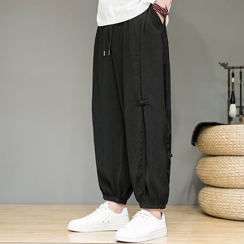 Buddha Stones Pantaloni corti estivi casual minimalisti con coulisse, modello harem da uomo con tasca - image 5