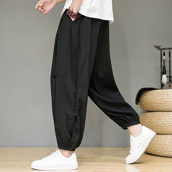 Buddha Stones Pantaloni corti estivi casual minimalisti con coulisse, modello harem da uomo con tasca - image 3