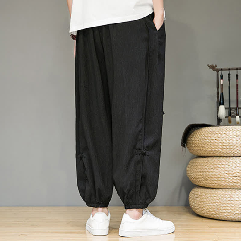 Buddha Stones Pantaloni corti estivi casual minimalisti con coulisse, modello harem da uomo con tasca - image 4