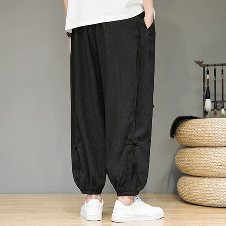 Buddha Stones Pantaloni corti estivi casual minimalisti con coulisse, modello harem da uomo con tasca - image 4
