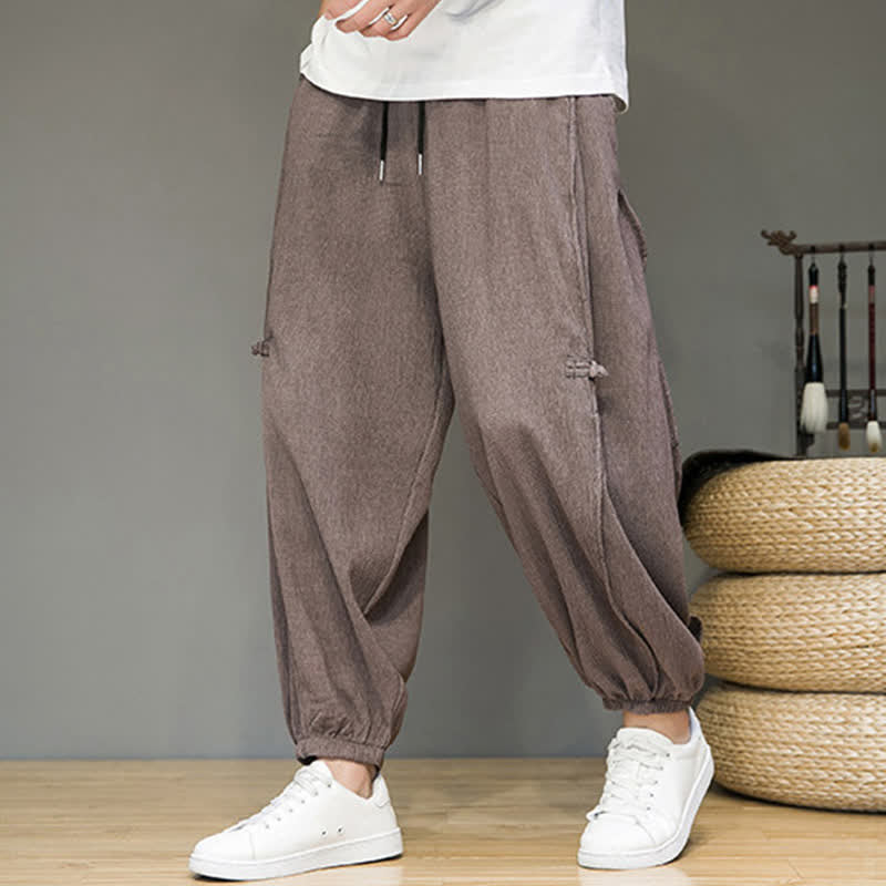 Buddha Stones Pantaloni corti estivi casual minimalisti con coulisse, modello harem da uomo con tasca - Marrone rosato - US/UK/AU46, EU56 (5XL) - image 21