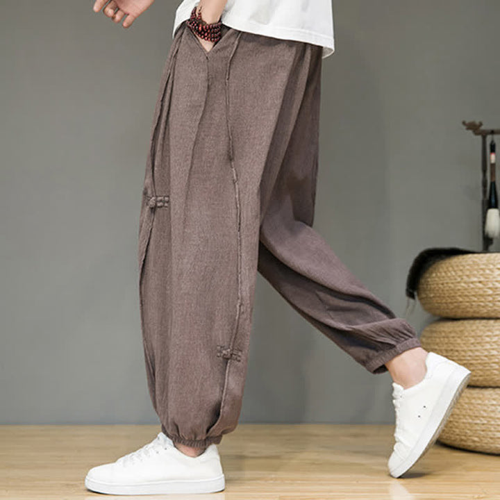 Buddha Stones Pantaloni corti estivi casual minimalisti con coulisse, modello harem da uomo con tasca - image 22