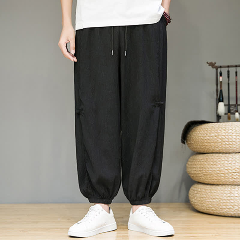 Buddha Stones Pantaloni corti estivi casual minimalisti con coulisse, modello harem da uomo con tasca - image 1