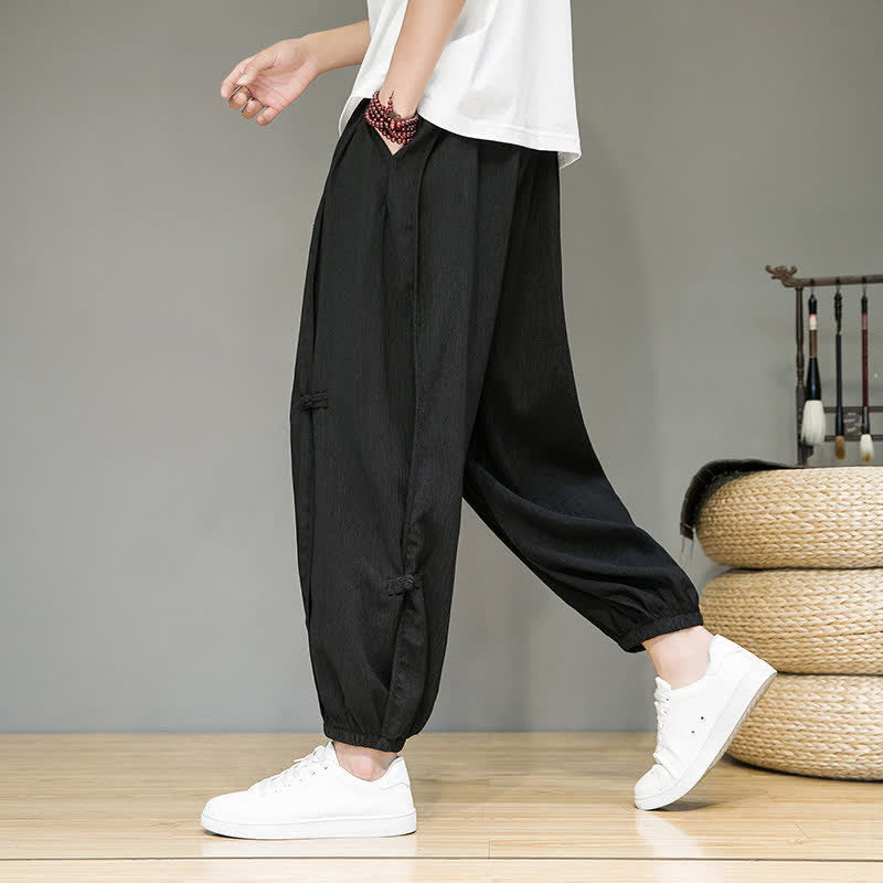 Buddha Stones Pantaloni corti estivi casual minimalisti con coulisse, modello harem da uomo con tasca - image 7