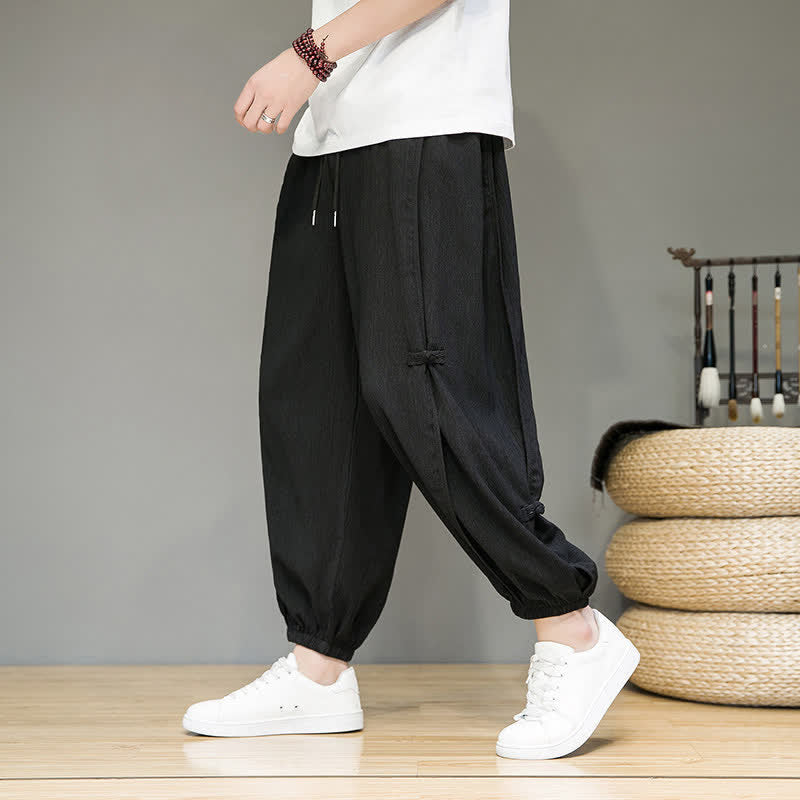 Buddha Stones Pantaloni corti estivi casual minimalisti con coulisse, modello harem da uomo con tasca - Nero - US/UK/AU46, EU56 (5XL) - image 0