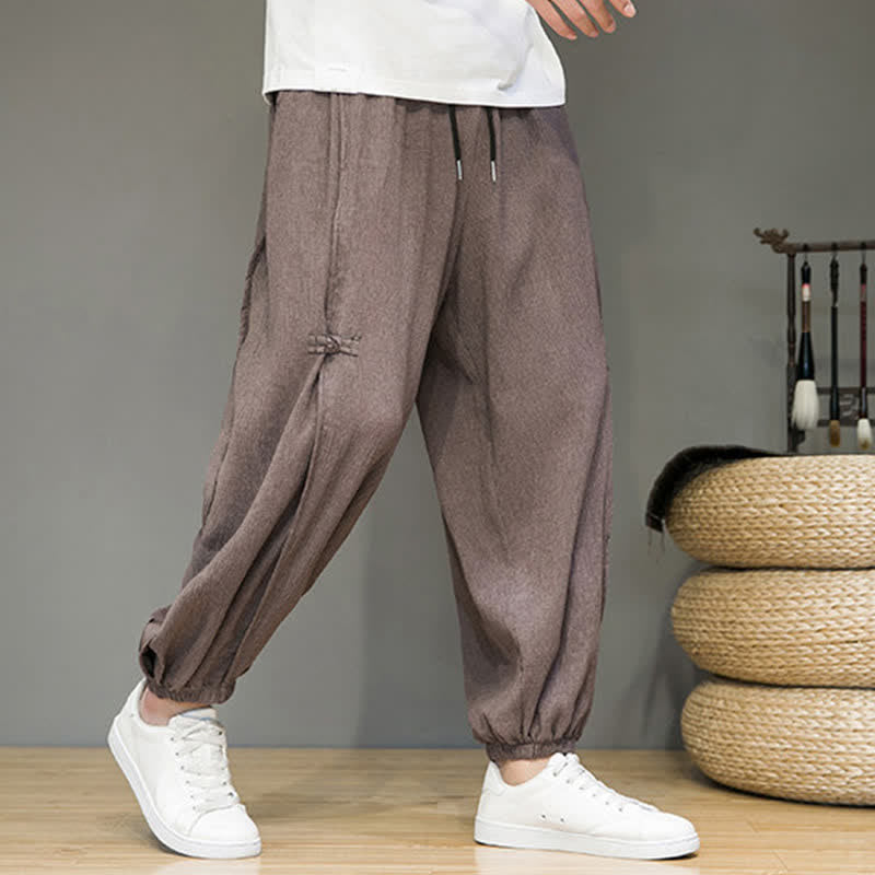 Buddha Stones Pantaloni corti estivi casual minimalisti con coulisse, modello harem da uomo con tasca - image 27