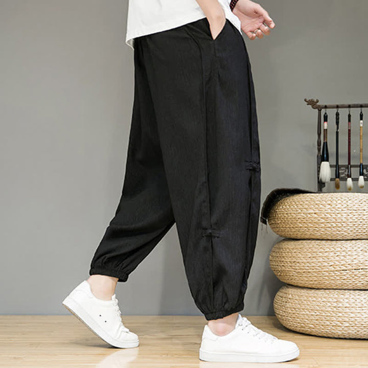 Buddha Stones Pantaloni corti estivi casual minimalisti con coulisse, modello harem da uomo con tasca - image 6