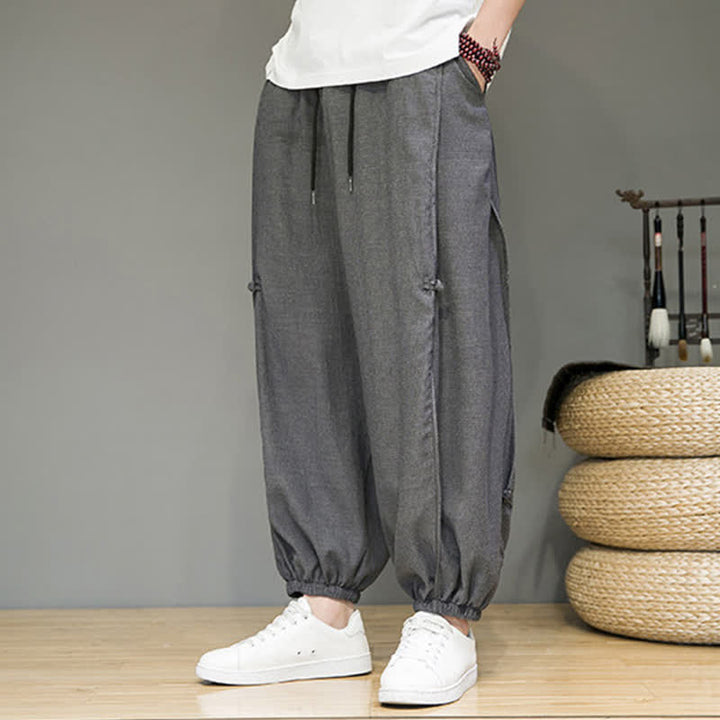 Buddha Stones Pantaloni corti estivi casual minimalisti con coulisse, modello harem da uomo con tasca - image 10
