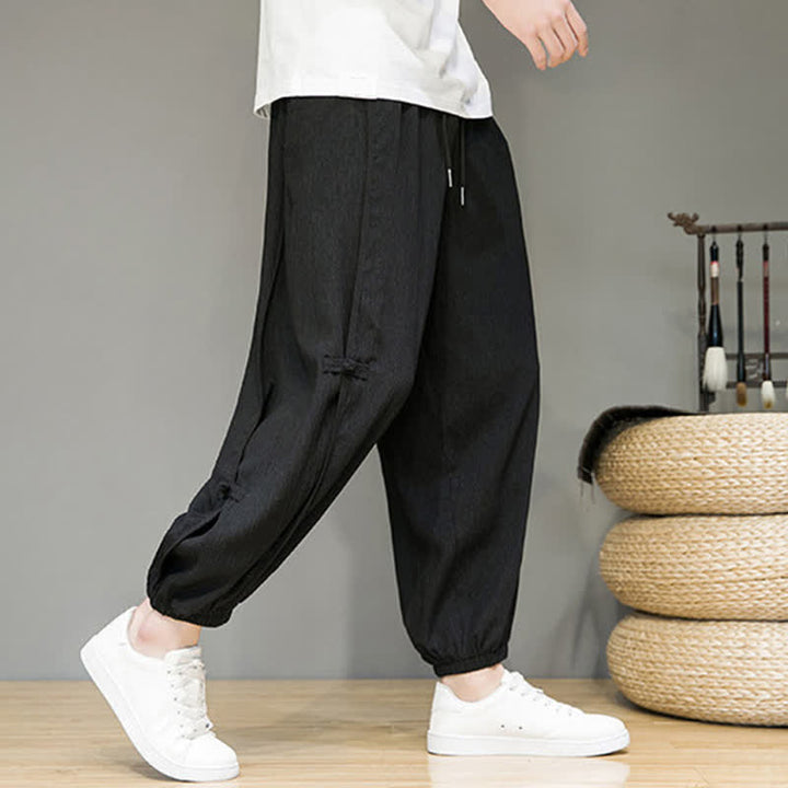 Buddha Stones Pantaloni corti estivi casual minimalisti con coulisse, modello harem da uomo con tasca - image 2