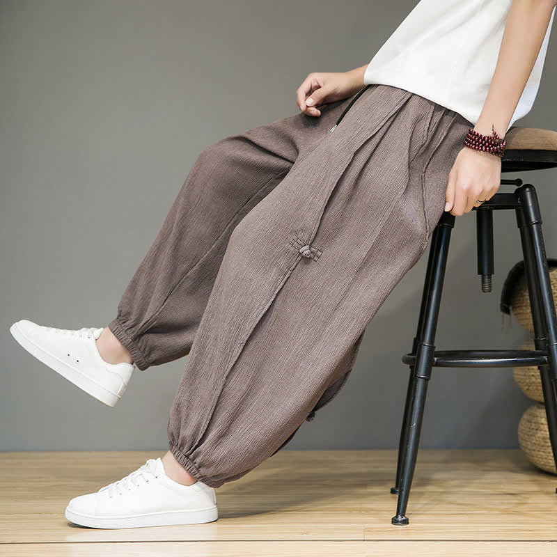 Buddha Stones Pantaloni corti estivi casual minimalisti con coulisse, modello harem da uomo con tasca - image 28