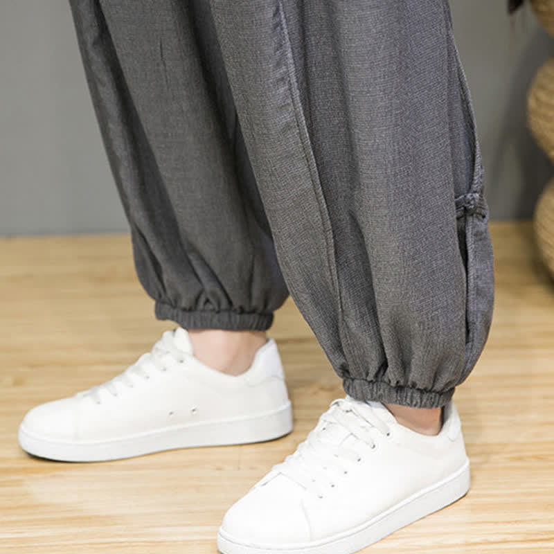 Buddha Stones Pantaloni corti estivi casual minimalisti con coulisse, modello harem da uomo con tasca - image 20