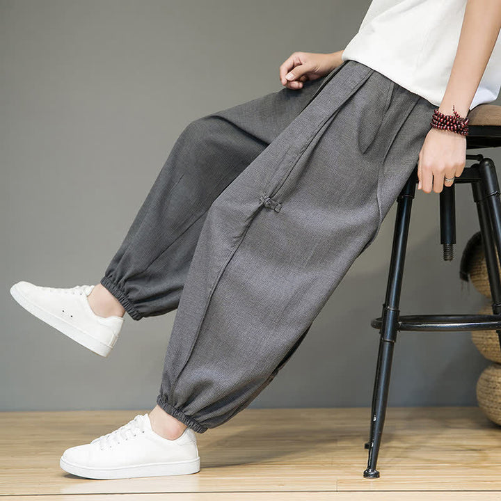 Buddha Stones Pantaloni corti estivi casual minimalisti con coulisse, modello harem da uomo con tasca - image 16