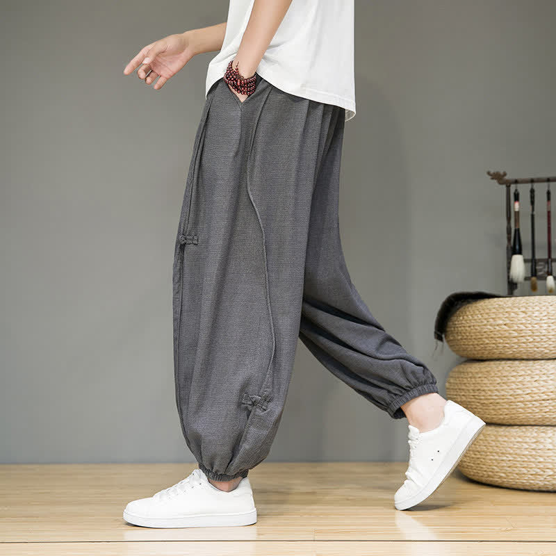 Buddha Stones Pantaloni corti estivi casual minimalisti con coulisse, modello harem da uomo con tasca - image 15