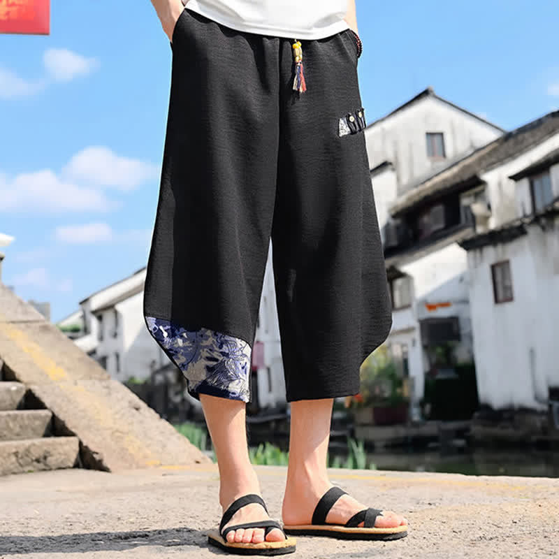 Buddha Stones Pantaloni Capri estivi casual vintage con coulisse e stampa floreale, pantaloni harem da uomo con tasca - image 1