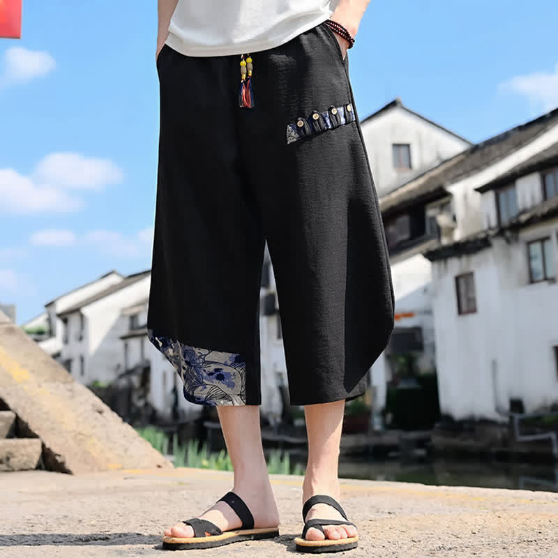Buddha Stones Pantaloni Capri estivi casual vintage con coulisse e stampa floreale, pantaloni harem da uomo con tasca - Nero - US/UK/AU46, EU56 (5XL) - image 0