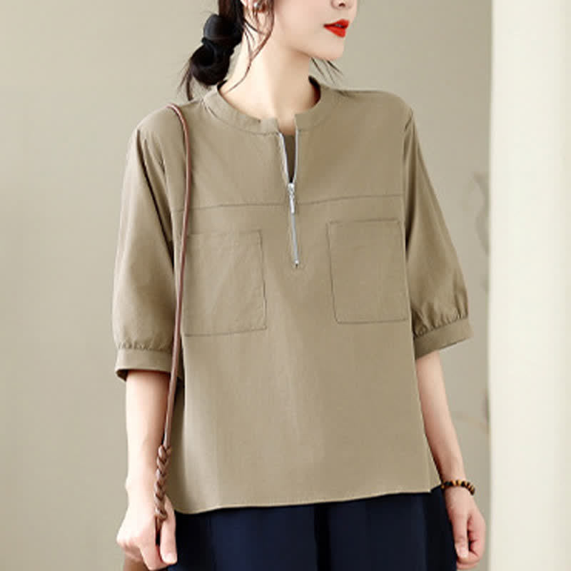 Buddha Stones Camicia da donna estiva minimalista e casual a maniche corte con cerniera a un quarto e tasca applicata, in tinta unita. - image 1