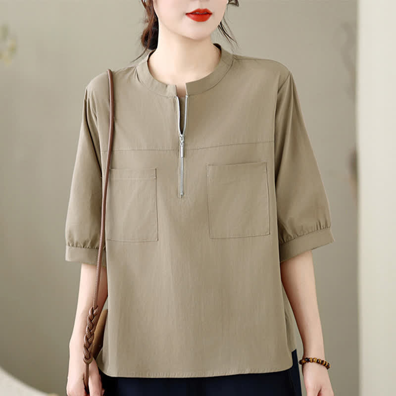 Buddha Stones Camicia da donna estiva minimalista e casual a maniche corte con cerniera a un quarto e tasca applicata, in tinta unita. - Tan - US12, UK/AU16, EU44 (2XL) - image 0