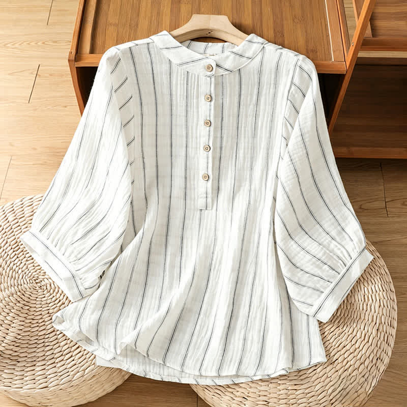 Buddha Stones Camicie estive casual minimaliste da donna a maniche corte con bottoni e righe. - Bianco - US8-10, UK/AU12-14, EU40-42 (2XL) - image 0
