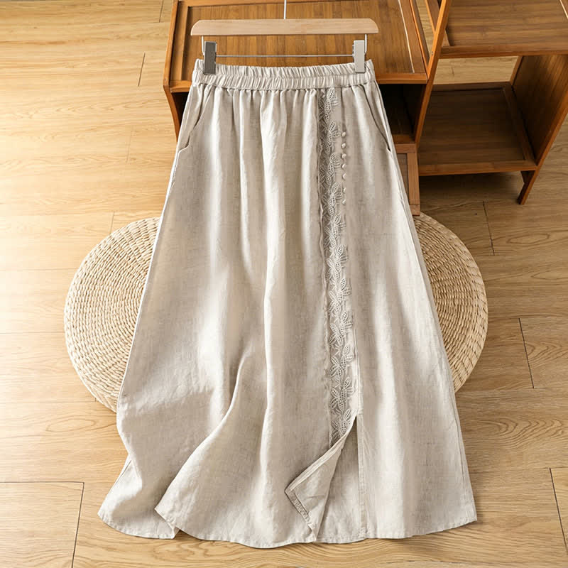 Buddha Stones Gonna da donna estiva casual vintage con spacco laterale e stampa floreale, con tasca. - Beige - US8-10, UK/AU12-14, EU40-42 (2XL) - image 0