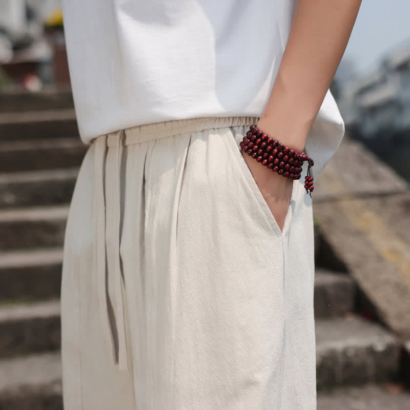 Buddha Stones Pantaloni lunghi estivi casual minimalisti con coulisse in cotone tinta unita da uomo, modello harem con tasca - image 40