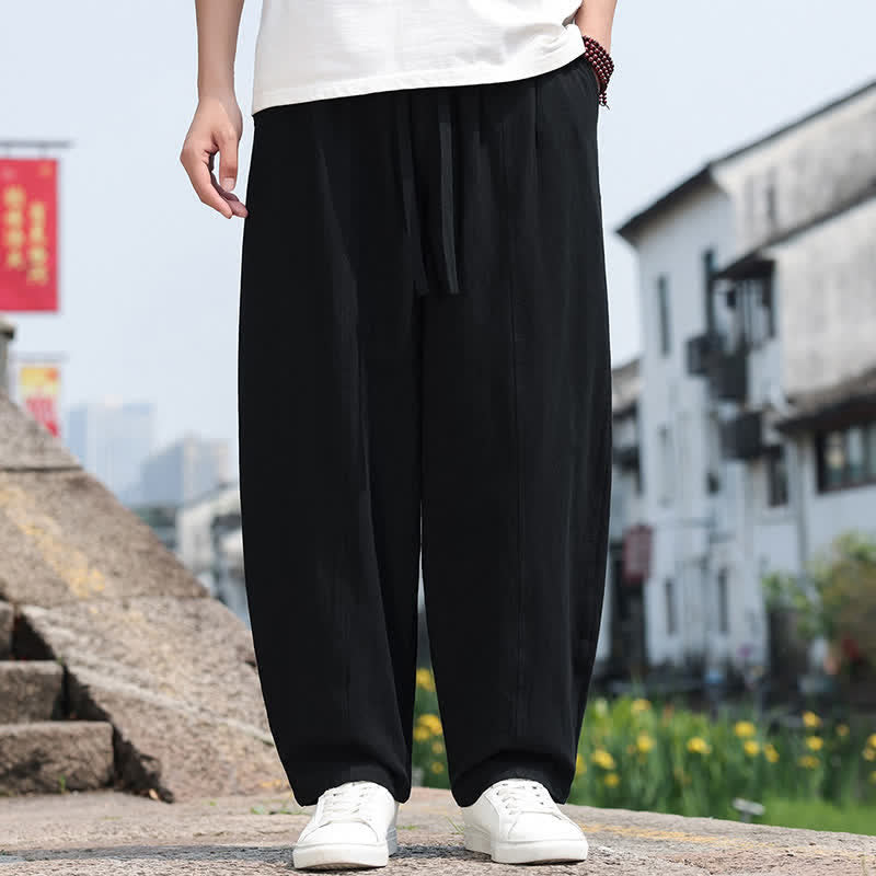 Buddha Stones Pantaloni lunghi estivi casual minimalisti con coulisse in cotone tinta unita da uomo, modello harem con tasca - Nero - US/UK/AU46, EU56 (5XL) - image 9