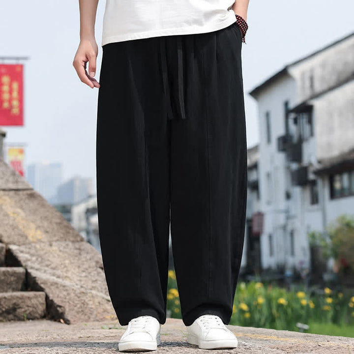 Buddha Stones Pantaloni lunghi estivi casual minimalisti con coulisse in cotone tinta unita da uomo, modello harem con tasca - Nero - US/UK/AU46, EU56 (5XL) - image 9