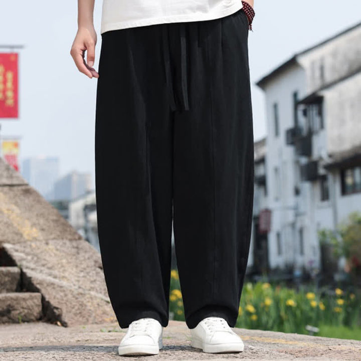 Buddha Stones Pantaloni lunghi estivi casual minimalisti con coulisse in cotone tinta unita da uomo, modello harem con tasca - image 14