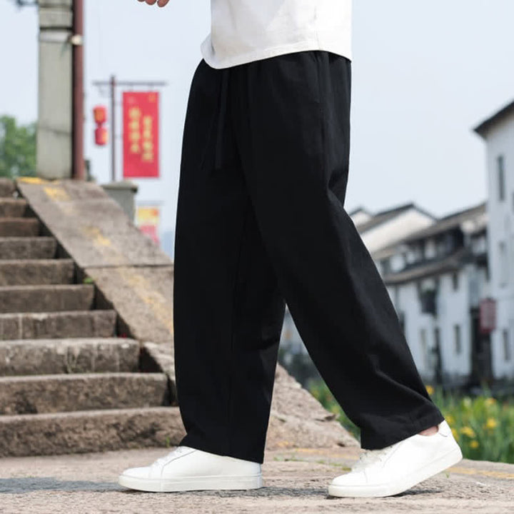Buddha Stones Pantaloni lunghi estivi casual minimalisti con coulisse in cotone tinta unita da uomo, modello harem con tasca - image 10