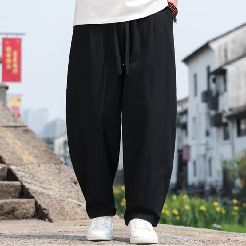 Buddha Stones Pantaloni lunghi estivi casual minimalisti con coulisse in cotone tinta unita da uomo, modello harem con tasca - image 11