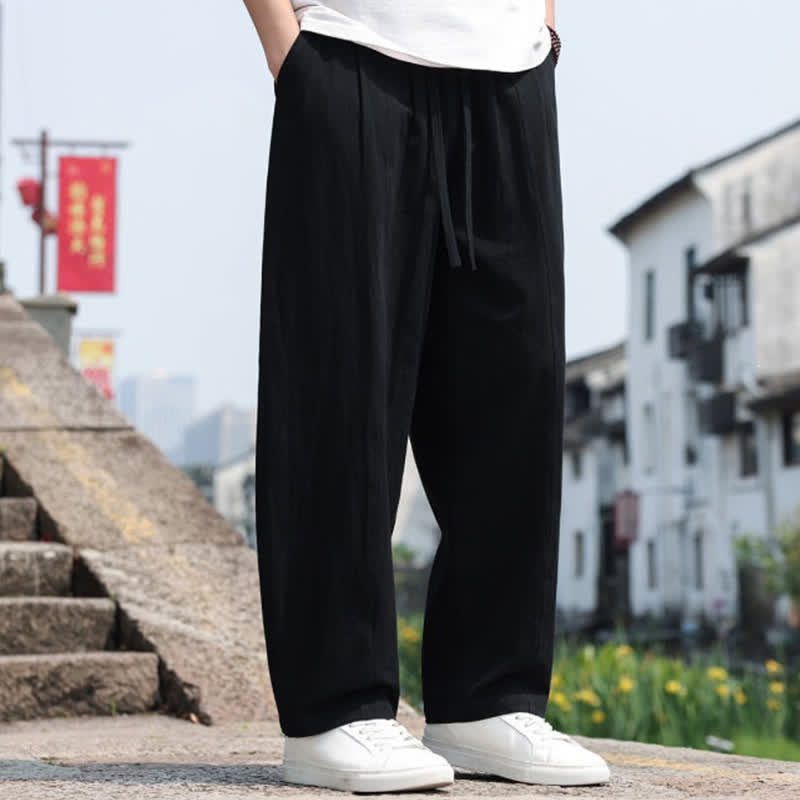 Buddha Stones Pantaloni lunghi estivi casual minimalisti con coulisse in cotone tinta unita da uomo, modello harem con tasca - image 15