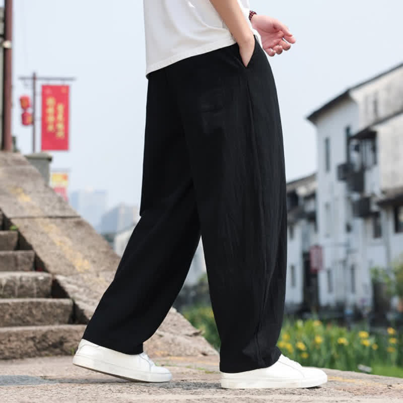Buddha Stones Pantaloni lunghi estivi casual minimalisti con coulisse in cotone tinta unita da uomo, modello harem con tasca - image 16