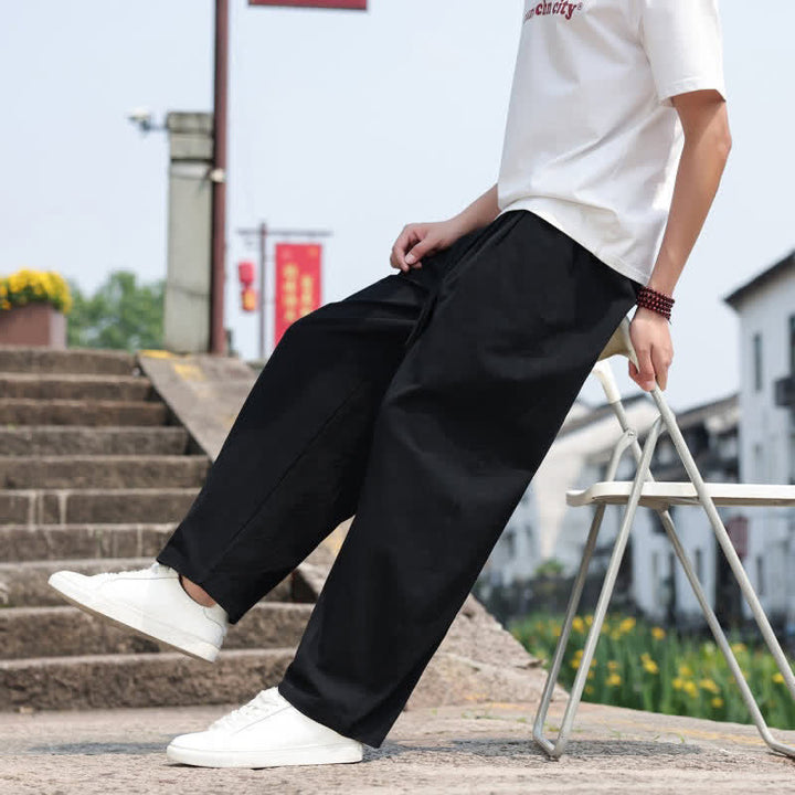 Buddha Stones Pantaloni lunghi estivi casual minimalisti con coulisse in cotone tinta unita da uomo, modello harem con tasca - image 20