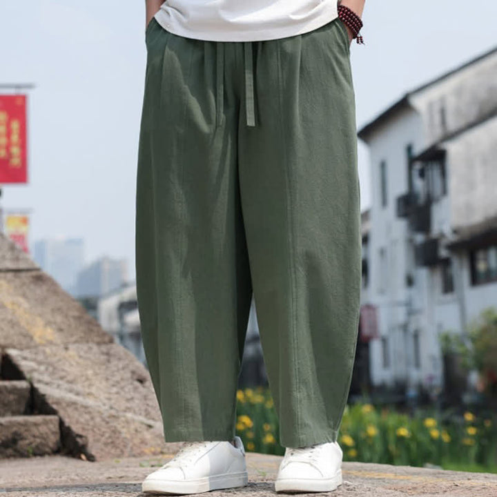 Buddha Stones Pantaloni lunghi estivi casual minimalisti con coulisse in cotone tinta unita da uomo, modello harem con tasca - image 22