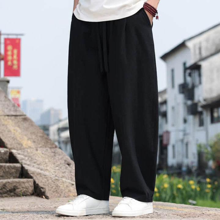 Buddha Stones Pantaloni lunghi estivi casual minimalisti con coulisse in cotone tinta unita da uomo, modello harem con tasca - image 12