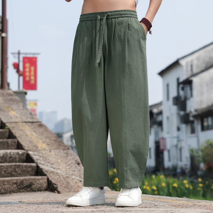 Buddha Stones Pantaloni lunghi estivi casual minimalisti con coulisse in cotone tinta unita da uomo, modello harem con tasca - image 26