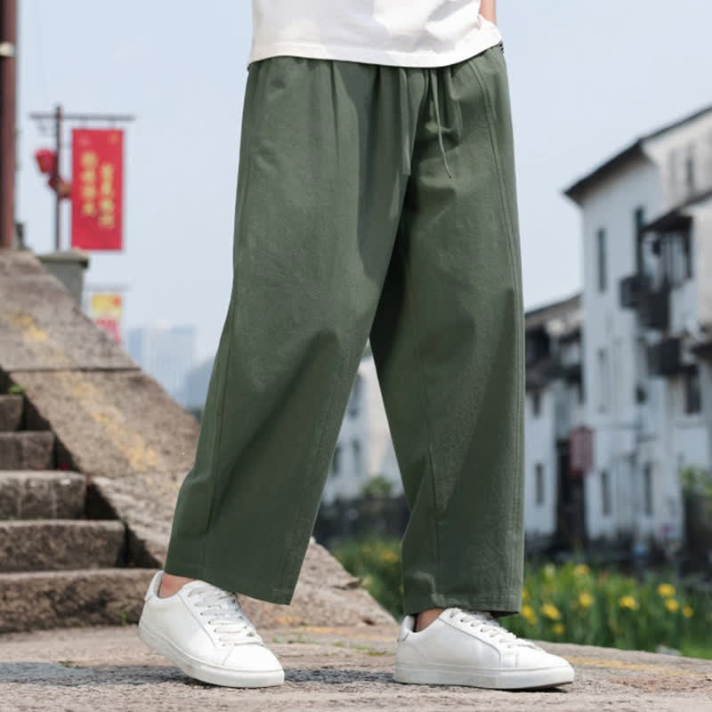Buddha Stones Pantaloni lunghi estivi casual minimalisti con coulisse in cotone tinta unita da uomo, modello harem con tasca - image 24