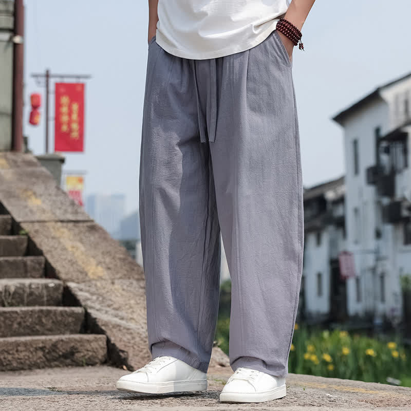 Buddha Stones Pantaloni lunghi estivi casual minimalisti con coulisse in cotone tinta unita da uomo, modello harem con tasca - image 1