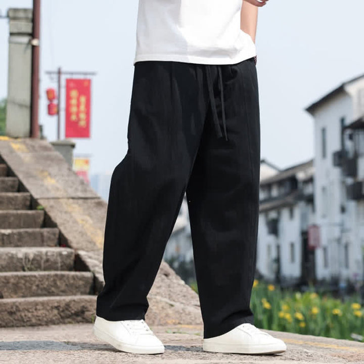 Buddha Stones Pantaloni lunghi estivi casual minimalisti con coulisse in cotone tinta unita da uomo, modello harem con tasca - image 18