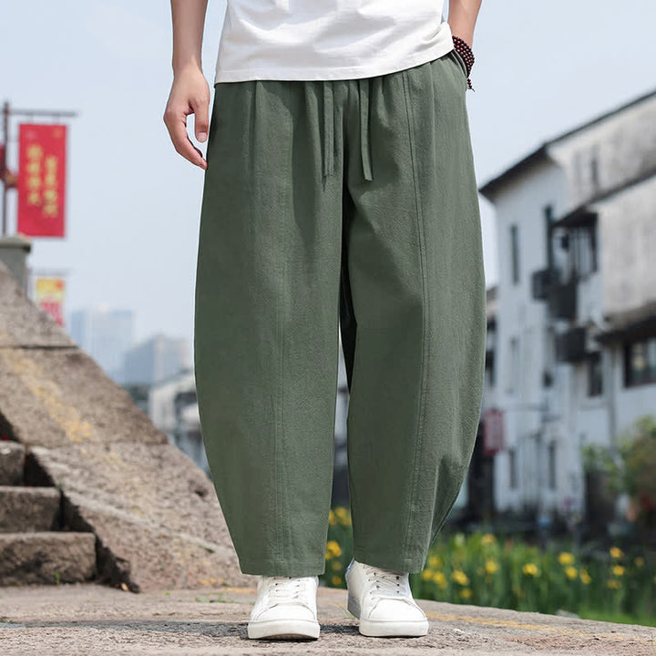 Buddha Stones Pantaloni lunghi estivi casual minimalisti con coulisse in cotone tinta unita da uomo, modello harem con tasca - Verde oliva - US/UK/AU46, EU56 (5XL) - image 21