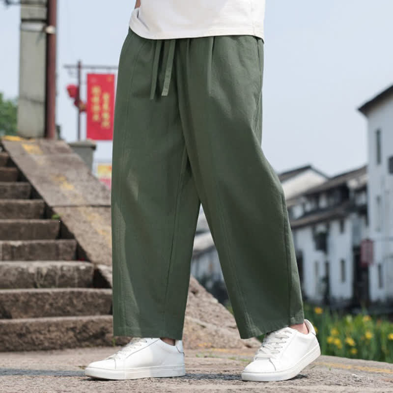 Buddha Stones Pantaloni lunghi estivi casual minimalisti con coulisse in cotone tinta unita da uomo, modello harem con tasca - image 27