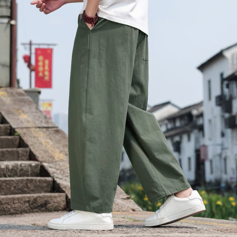 Buddha Stones Pantaloni lunghi estivi casual minimalisti con coulisse in cotone tinta unita da uomo, modello harem con tasca - image 30