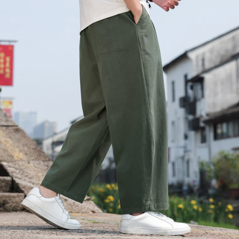 Buddha Stones Pantaloni lunghi estivi casual minimalisti con coulisse in cotone tinta unita da uomo, modello harem con tasca - image 25