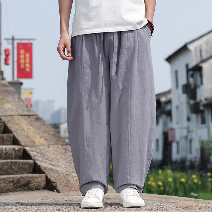 Buddha Stones Pantaloni lunghi estivi casual minimalisti con coulisse in cotone tinta unita da uomo, modello harem con tasca - image 2