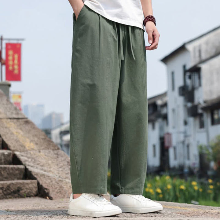 Buddha Stones Pantaloni lunghi estivi casual minimalisti con coulisse in cotone tinta unita da uomo, modello harem con tasca - image 23
