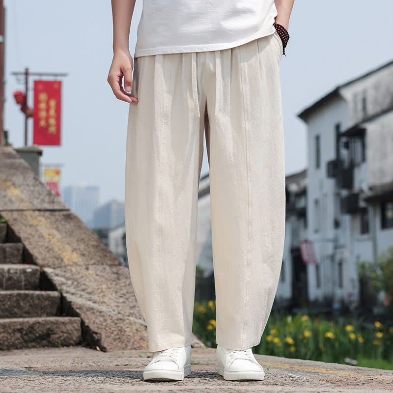 Buddha Stones Pantaloni lunghi estivi casual minimalisti con coulisse in cotone tinta unita da uomo, modello harem con tasca - Beige - US/UK/AU46, EU56 (5XL) - image 32