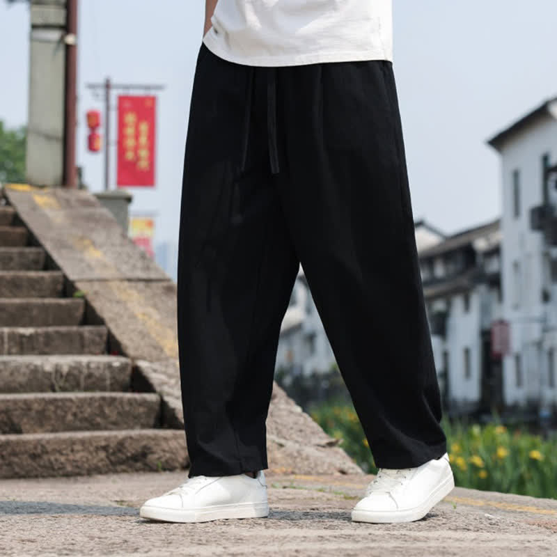 Buddha Stones Pantaloni lunghi estivi casual minimalisti con coulisse in cotone tinta unita da uomo, modello harem con tasca - image 13