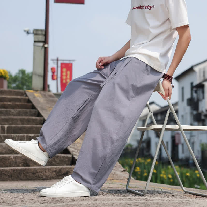 Buddha Stones Pantaloni lunghi estivi casual minimalisti con coulisse in cotone tinta unita da uomo, modello harem con tasca - image 8