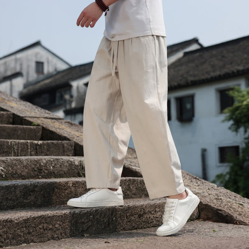 Buddha Stones Pantaloni lunghi estivi casual minimalisti con coulisse in cotone tinta unita da uomo, modello harem con tasca - image 36