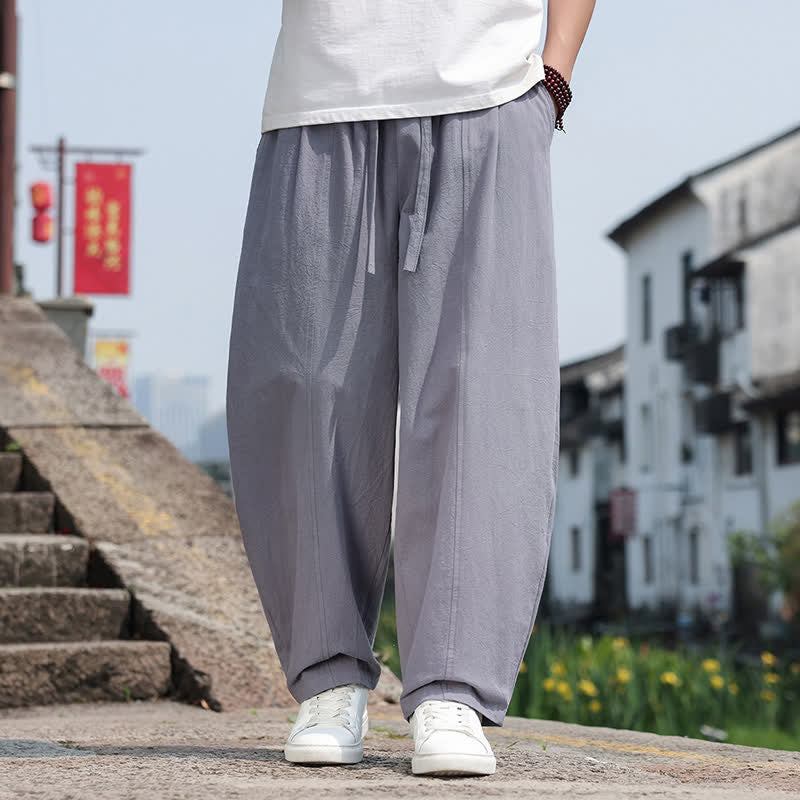 Buddha Stones Pantaloni lunghi estivi casual minimalisti con coulisse in cotone tinta unita da uomo, modello harem con tasca - Grigio scuro - US/UK/AU46, EU56 (5XL) - image 0