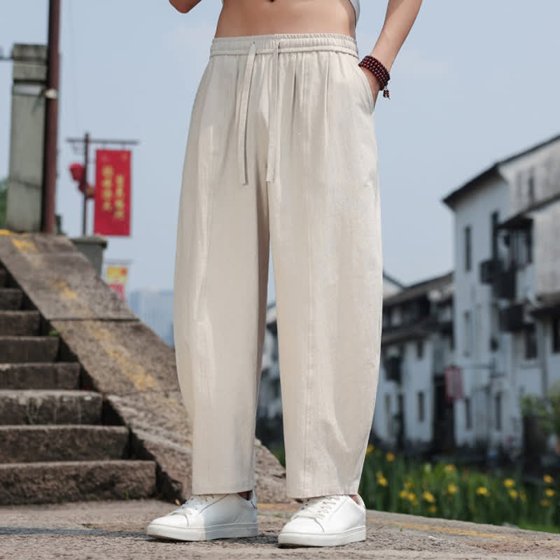 Buddha Stones Pantaloni lunghi estivi casual minimalisti con coulisse in cotone tinta unita da uomo, modello harem con tasca - image 35